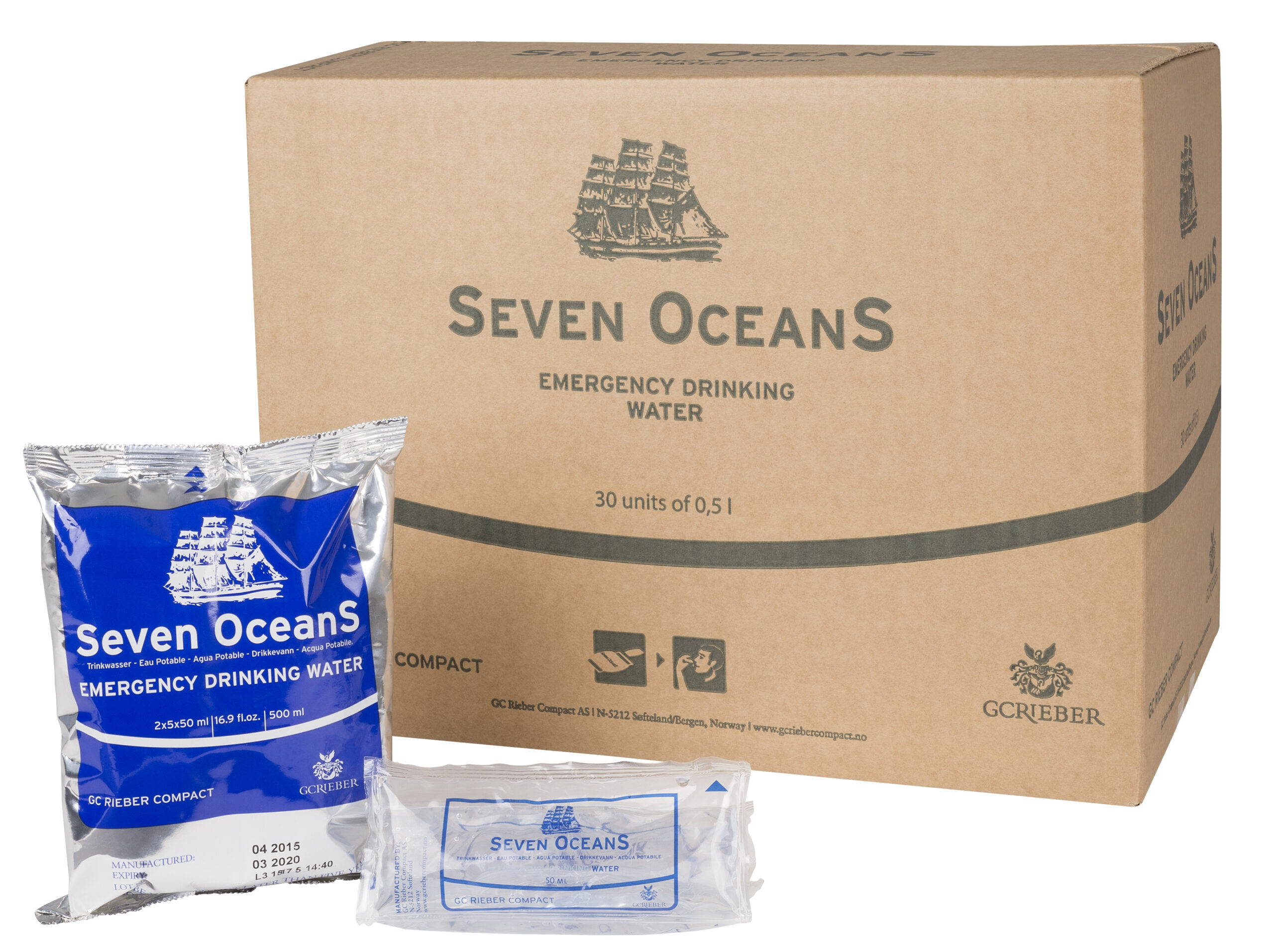 Seven Oceans emergency water rations full box 30 units — SOLAS ISO 18813 approved lifeboat life raft drinking water Seven Oceans emergency water rations full box 30 units — SOLAS ISO 18813 approved lifeboat life raft drinking water